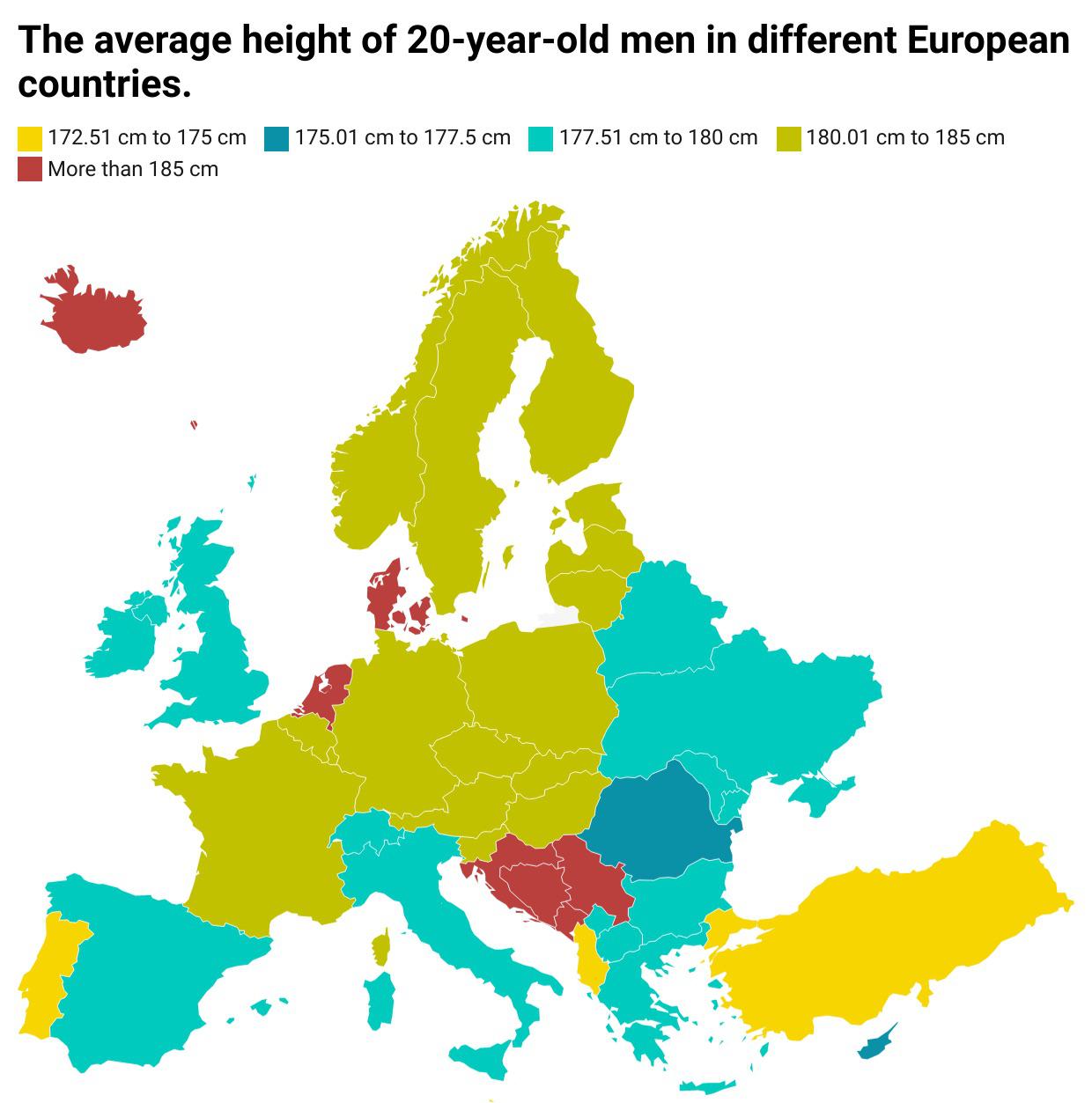 r/mapporncirclejerk - The average height of 20-year-old men in different European countries.
