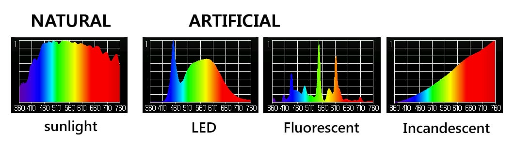 r/Biohackers - The typical LED spectrum has a large blue spike with a dip in the turquoise region, also very little red. Also, it's clear that no single light by itself can easily emulate full-spectrum sunlight.